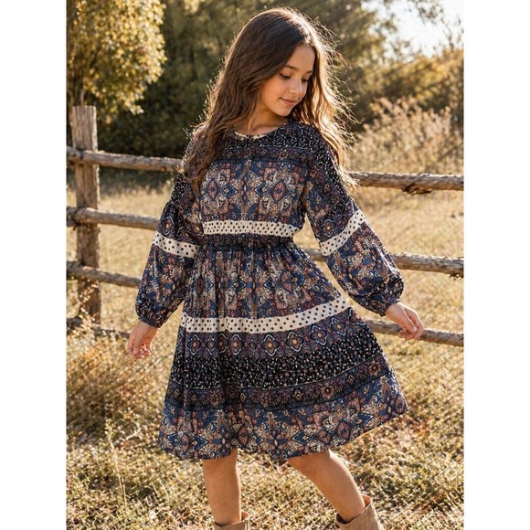 GB girls Other - GB Girls Boho Floral Dress Size M Long Sleeve Smocked Waist Cute